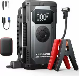 Portable Car Jump Starter with Air Compressor, TREKURE 150PSI 4000A Car Battery Jump Starter (All Gas/10L Diesel), 12V Jump Box Car Battery Jumper Starter Portable with LCD Display, Lights