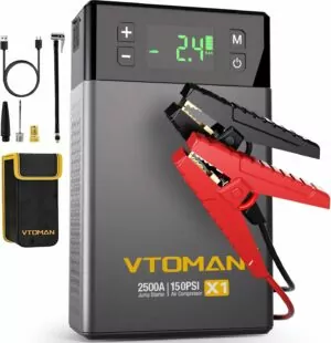 VTOMAN X1 Jump Starter with Air Compressor, 2500A Portable Battery Booster(Up to 8.5L Gas/6L Diesel Engines) with 150PSI Digital Auto Tire Inflator, 12V Car Lithium Battery Jump Box Pack Power Charger