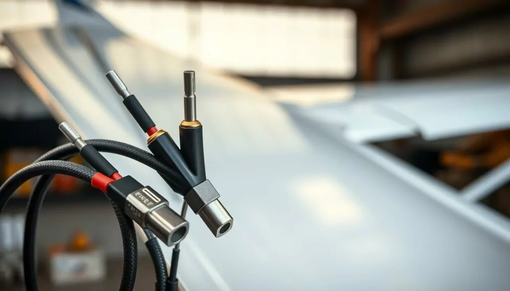 Close-up of Piper aileron jumper cables in an aircraft cockpit