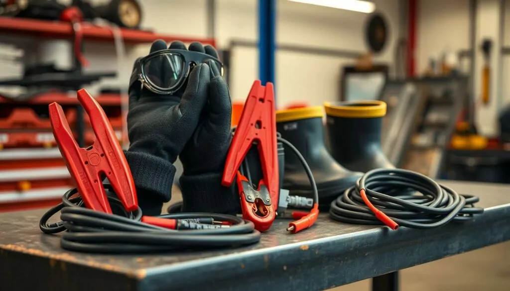 Safety gear for using vehicle battery jump clamps