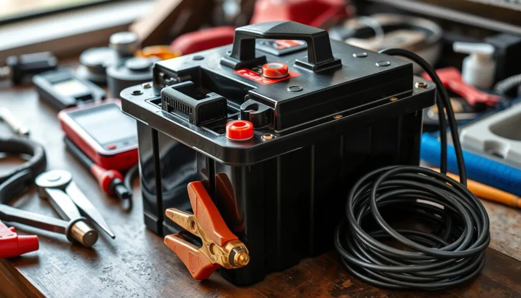 Person cleaning the plugs of a cigarette lighter jumper cable