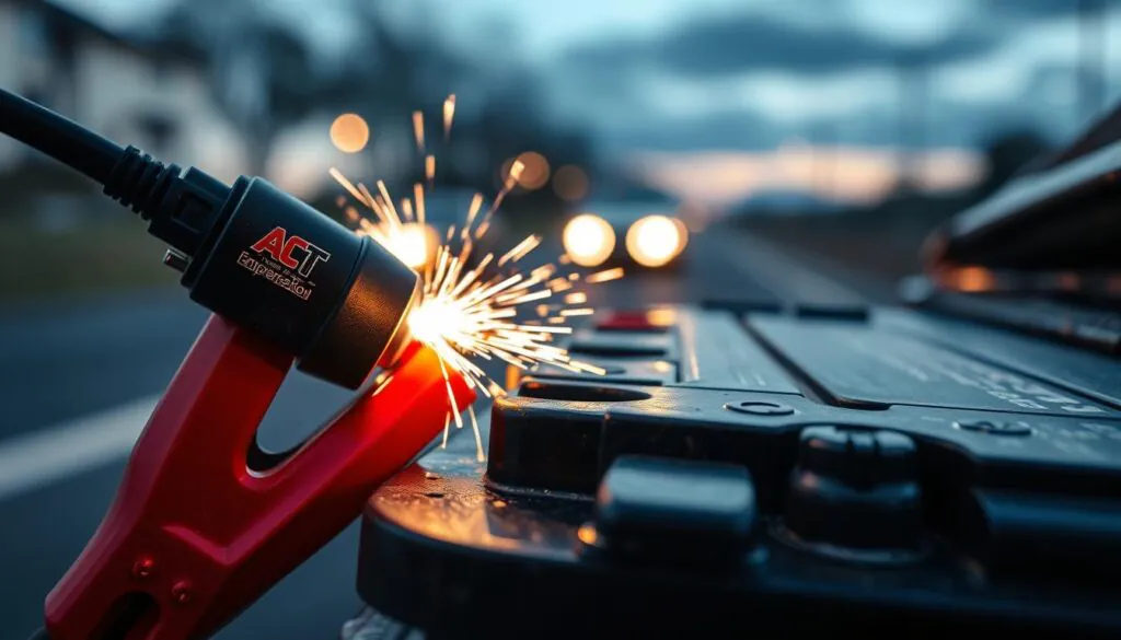 Person using a portable jump starter connected to the cigarette lighter socket in a car