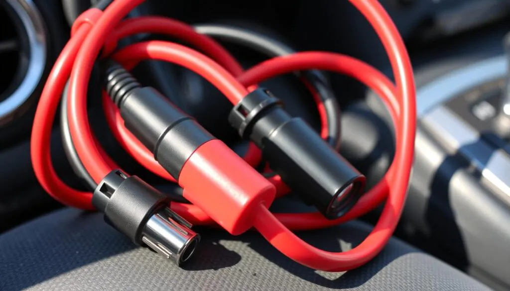 Diagram showing how cigarette lighter socket jumper cables connect between two cars