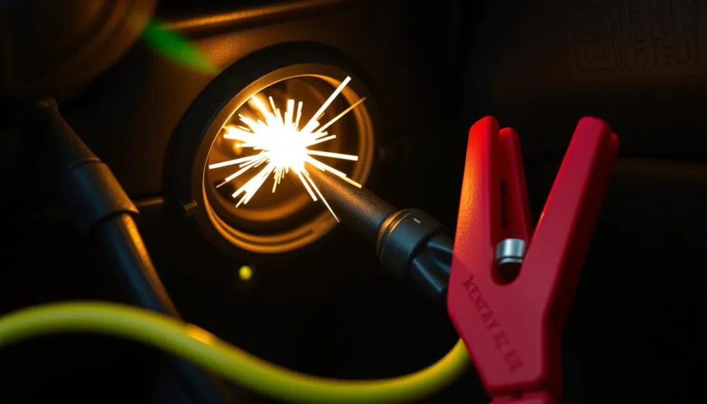 Person checking car's cigarette lighter socket before plugging in a device