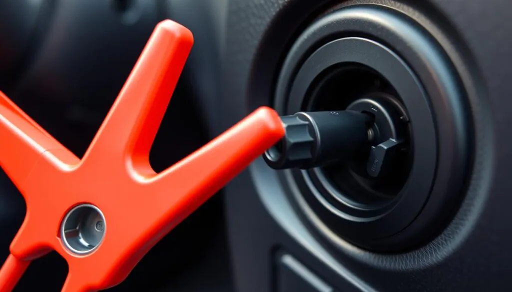 Illustration showing jumper cable connecting the cigarette lighter sockets of two cars